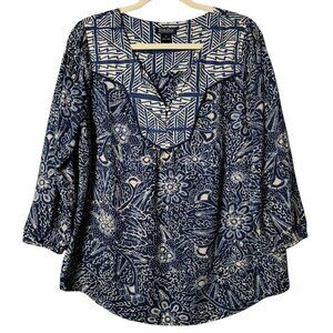 Lucky Brand Womens Blue Cream Boho Geometric Floral 3/4 Sleeves V-Neck Top M